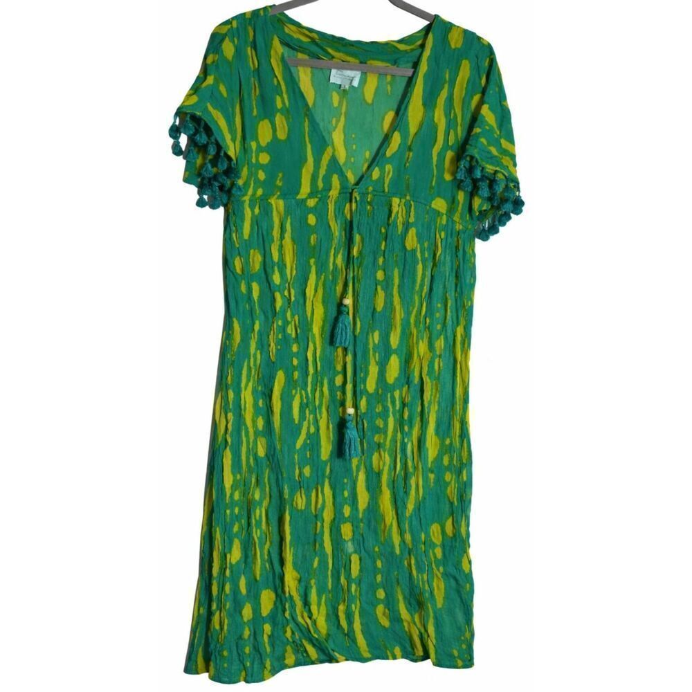 True destinations womens small midi dress green yellow fringe resort wear boho